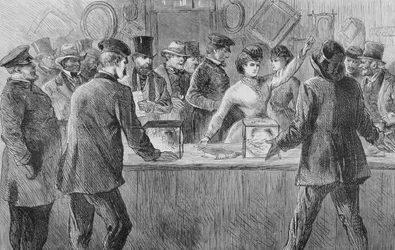 Victoria Woodhull (1838-1927) szavazni próbál, 1871